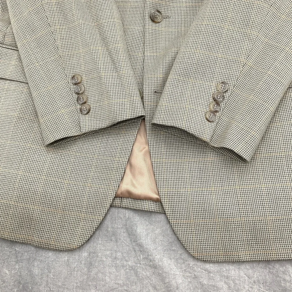 Andrew Fezza Blazer Men 41 Long Tan Gray Glen Plaid Gold Silk Wool Classic